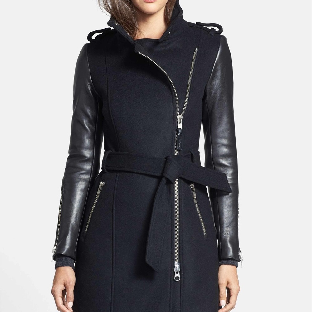 MACKAGE BLACK WOOL/LEATHER BELTED COAT